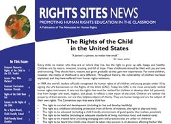 [ai] A newsletter titled 'Rights Sites News' featuring an apple logo and sections on children's rights in the U.S., including featured resources, lessons, and rights explained, emphasizing a child's right to safety and education.